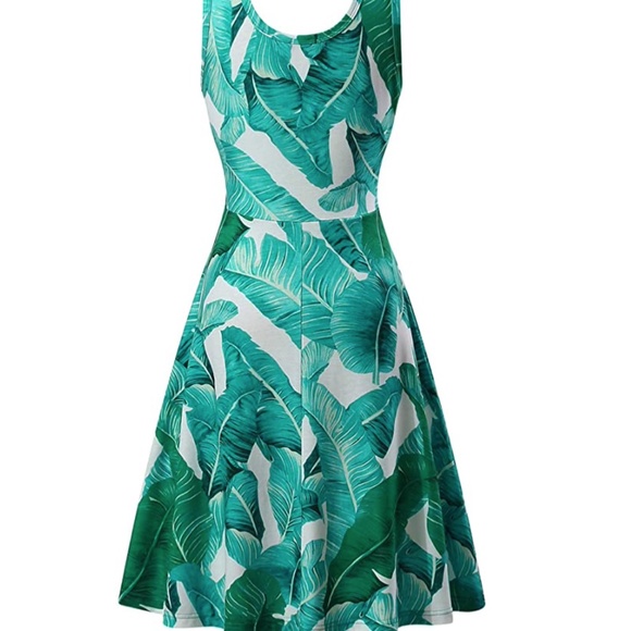 Women's Scoop Neck Sleeveless Midi Casual Flared Tank Floral Dress palm - Picture 3 of 5